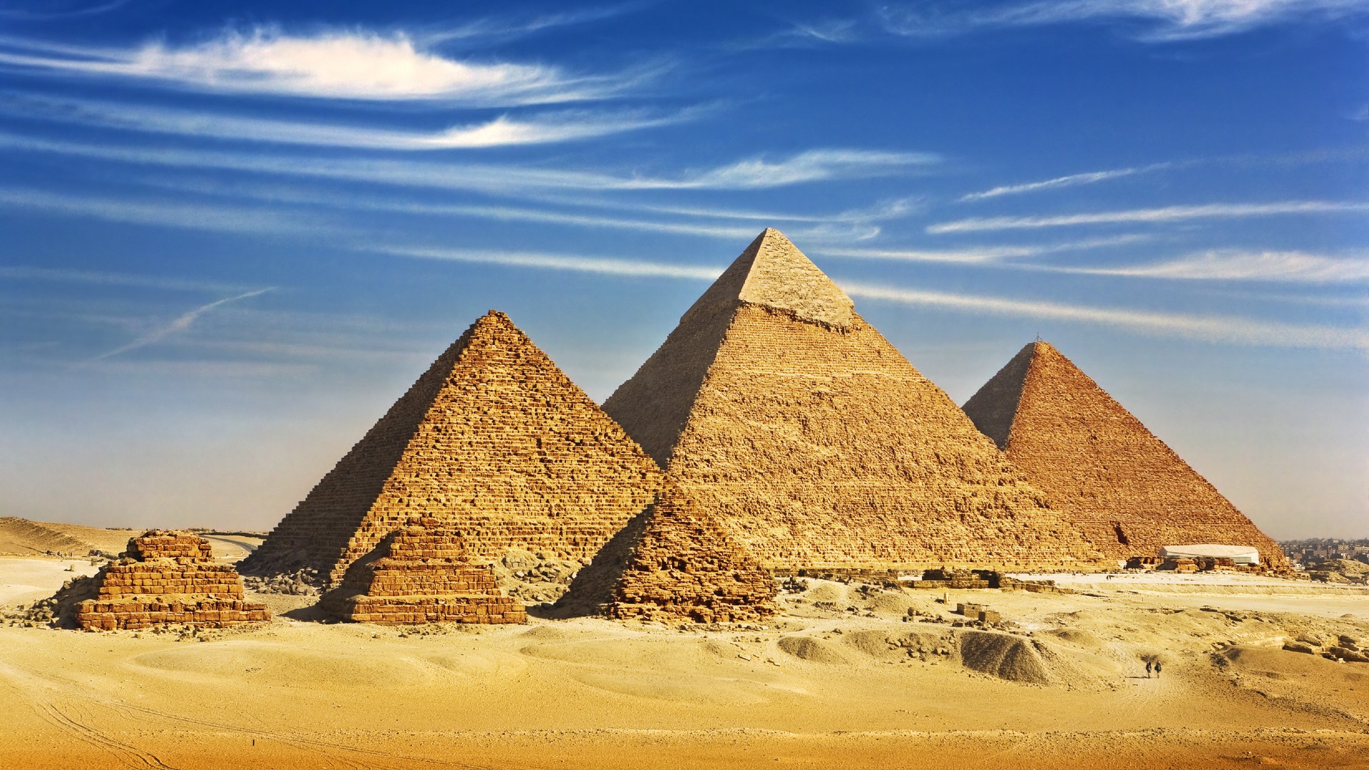 The great pyramids of Giza under a clear blue sky